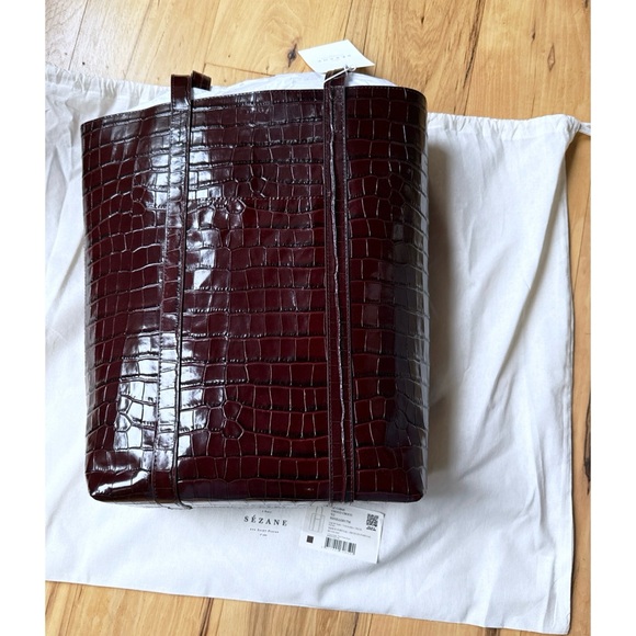 NWT Sezane The Tote Chocolate Crocodile Embossed Leather Large Tote Purse - Picture 2 of 10